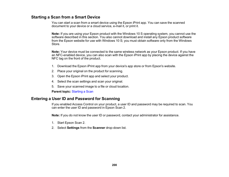 Starting a scan from a smart device, Entering a user id and password for scanning | Epson WorkForce Pro WF-M5799 Workgroup Monochrome Multifunction Printer with Replaceable Ink Pack System User Manual | Page 200 / 404