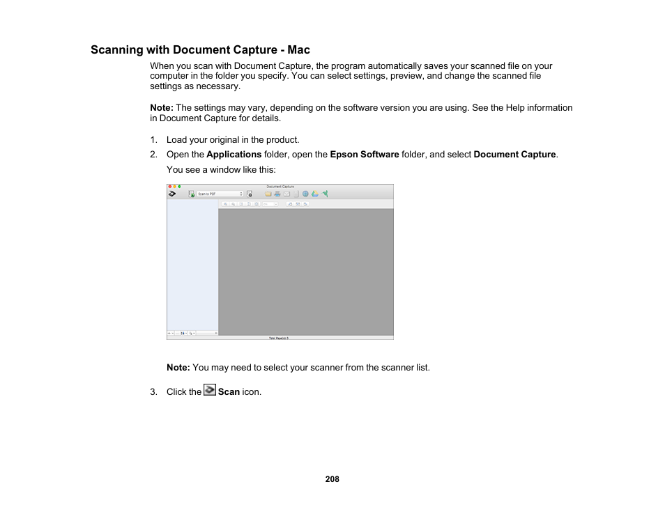 Scanning with document capture - mac | Epson WorkForce Pro WF-M5799 Workgroup Monochrome Multifunction Printer with Replaceable Ink Pack System User Manual | Page 208 / 404