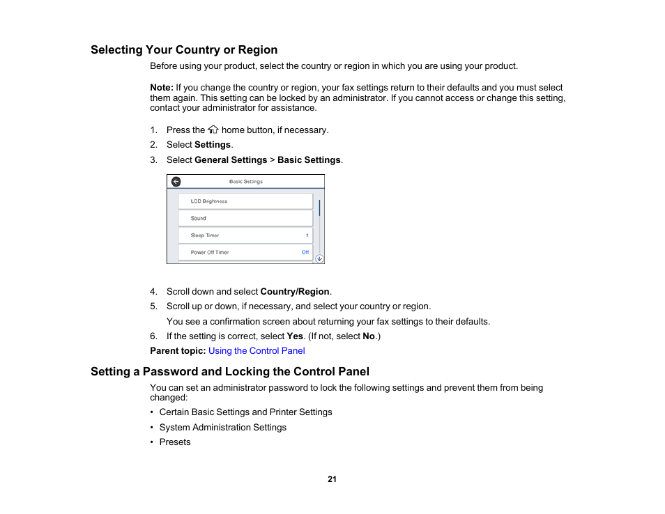 Selecting your country or region, Setting a password and locking the control panel | Epson WorkForce Pro WF-M5799 Workgroup Monochrome Multifunction Printer with Replaceable Ink Pack System User Manual | Page 21 / 404