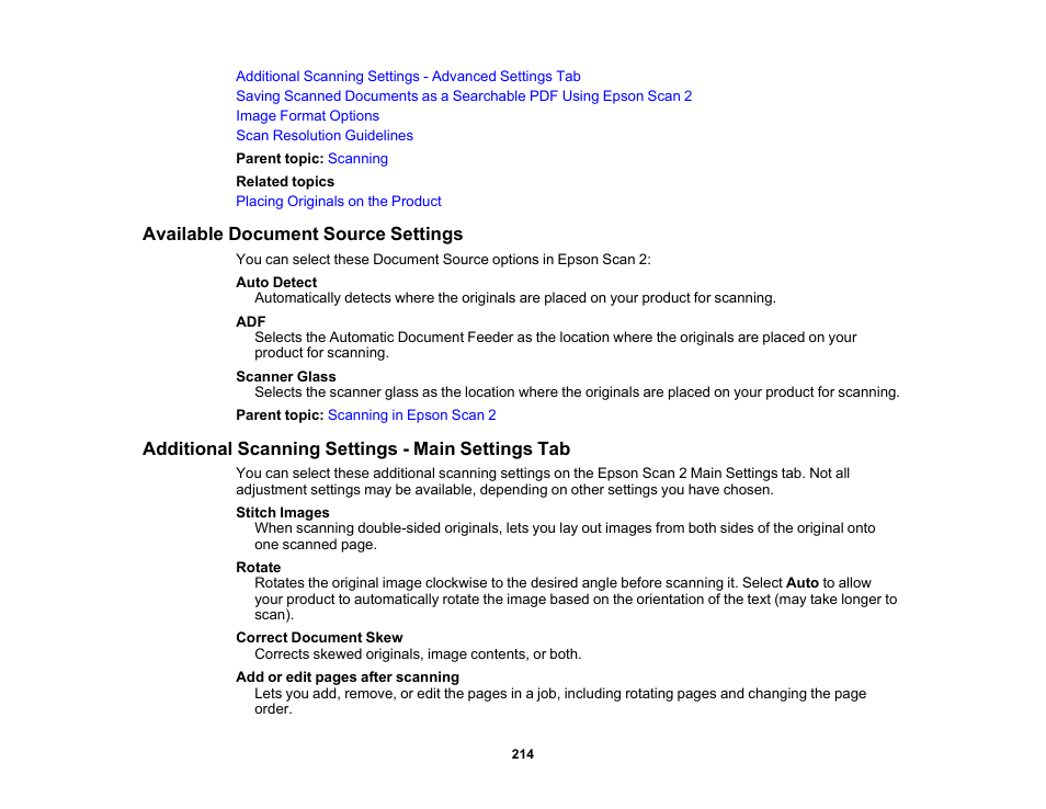 Available document source settings, Additional scanning settings - main settings tab | Epson WorkForce Pro WF-M5799 Workgroup Monochrome Multifunction Printer with Replaceable Ink Pack System User Manual | Page 214 / 404