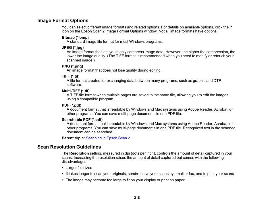 Image format options, Scan resolution guidelines, Image format options scan resolution guidelines | Epson WorkForce Pro WF-M5799 Workgroup Monochrome Multifunction Printer with Replaceable Ink Pack System User Manual | Page 218 / 404