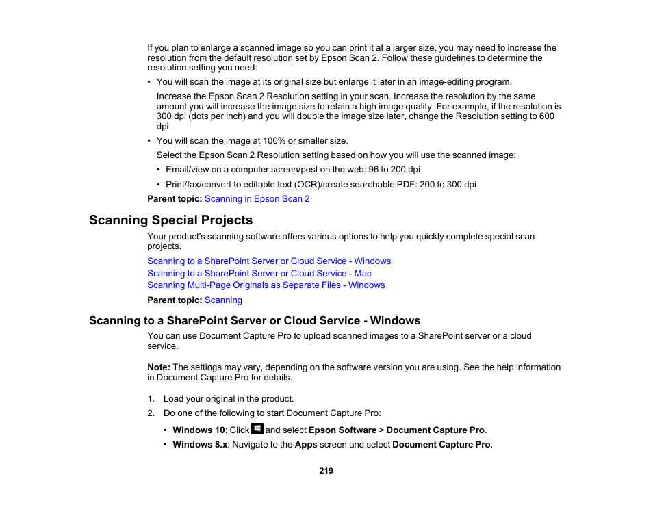 Scanning special projects | Epson WorkForce Pro WF-M5799 Workgroup Monochrome Multifunction Printer with Replaceable Ink Pack System User Manual | Page 219 / 404