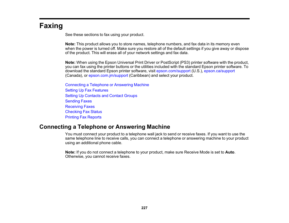 Faxing, Connecting a telephone or answering machine | Epson WorkForce Pro WF-M5799 Workgroup Monochrome Multifunction Printer with Replaceable Ink Pack System User Manual | Page 227 / 404