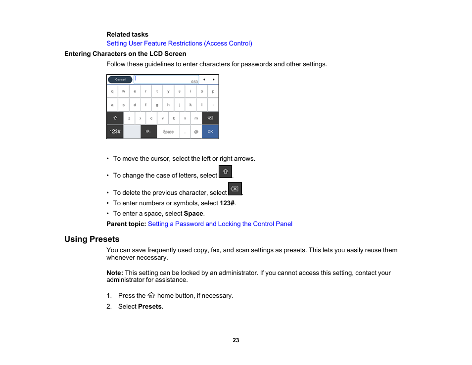 Entering characters on the lcd screen, Using presets | Epson WorkForce Pro WF-M5799 Workgroup Monochrome Multifunction Printer with Replaceable Ink Pack System User Manual | Page 23 / 404