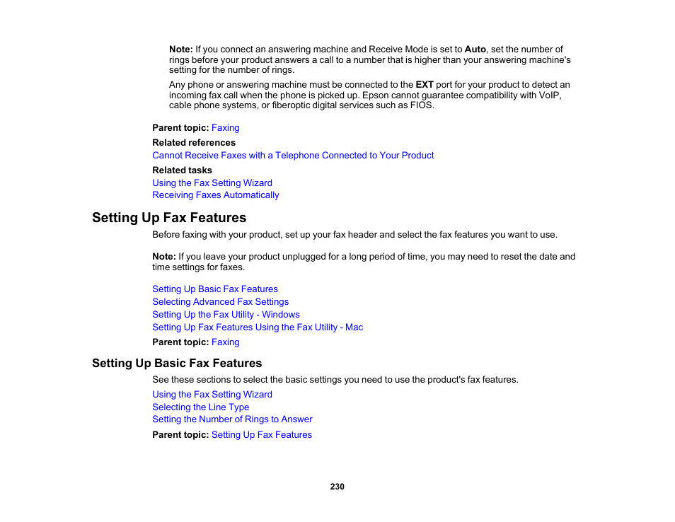 Setting up fax features, Setting up basic fax features | Epson WorkForce Pro WF-M5799 Workgroup Monochrome Multifunction Printer with Replaceable Ink Pack System User Manual | Page 230 / 404