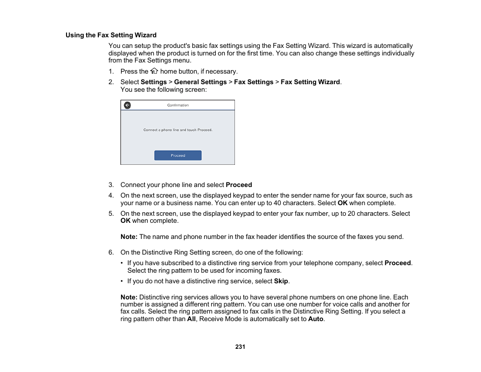 Using the fax setting wizard | Epson WorkForce Pro WF-M5799 Workgroup Monochrome Multifunction Printer with Replaceable Ink Pack System User Manual | Page 231 / 404