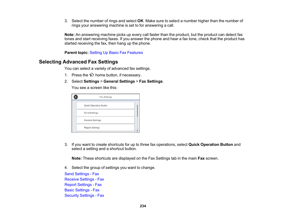 Selecting advanced fax settings | Epson WorkForce Pro WF-M5799 Workgroup Monochrome Multifunction Printer with Replaceable Ink Pack System User Manual | Page 234 / 404