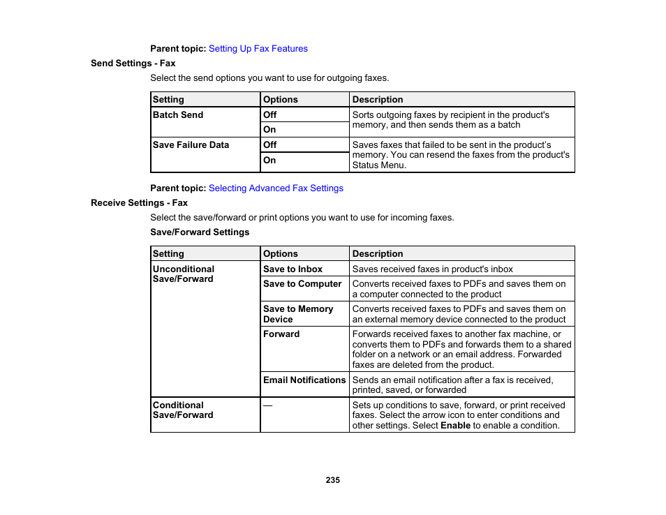 Send settings - fax, Receive settings - fax, Send settings - fax receive settings - fax | Epson WorkForce Pro WF-M5799 Workgroup Monochrome Multifunction Printer with Replaceable Ink Pack System User Manual | Page 235 / 404
