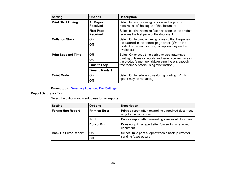 Report settings - fax | Epson WorkForce Pro WF-M5799 Workgroup Monochrome Multifunction Printer with Replaceable Ink Pack System User Manual | Page 237 / 404