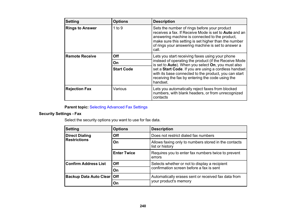 Security settings - fax | Epson WorkForce Pro WF-M5799 Workgroup Monochrome Multifunction Printer with Replaceable Ink Pack System User Manual | Page 240 / 404