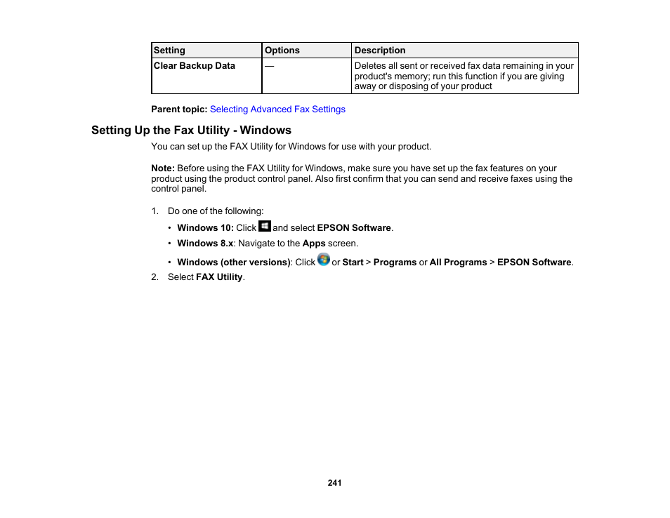 Setting up the fax utility - windows | Epson WorkForce Pro WF-M5799 Workgroup Monochrome Multifunction Printer with Replaceable Ink Pack System User Manual | Page 241 / 404