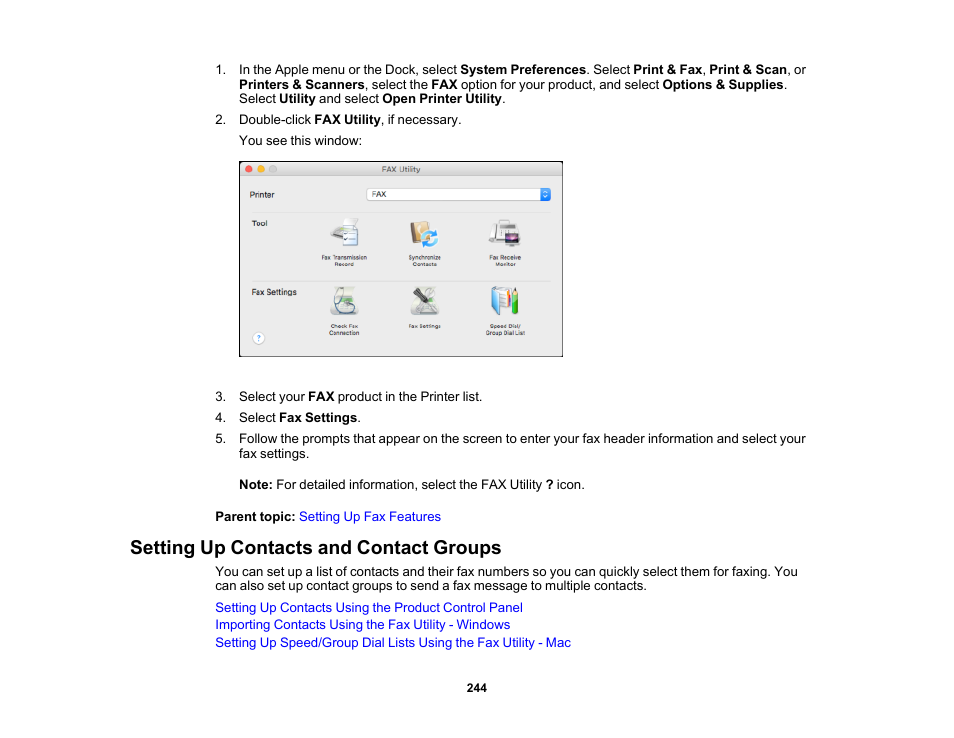 Setting up contacts and contact groups | Epson WorkForce Pro WF-M5799 Workgroup Monochrome Multifunction Printer with Replaceable Ink Pack System User Manual | Page 244 / 404