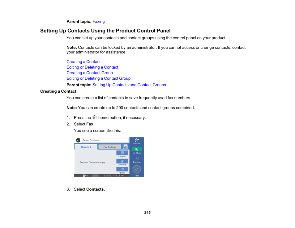 Creating a contact | Epson WorkForce Pro WF-M5799 Workgroup Monochrome Multifunction Printer with Replaceable Ink Pack System User Manual | Page 245 / 404