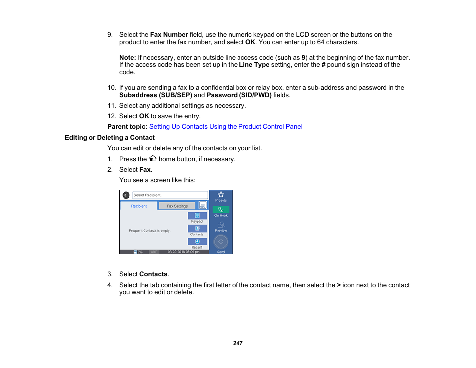 Editing or deleting a contact | Epson WorkForce Pro WF-M5799 Workgroup Monochrome Multifunction Printer with Replaceable Ink Pack System User Manual | Page 247 / 404