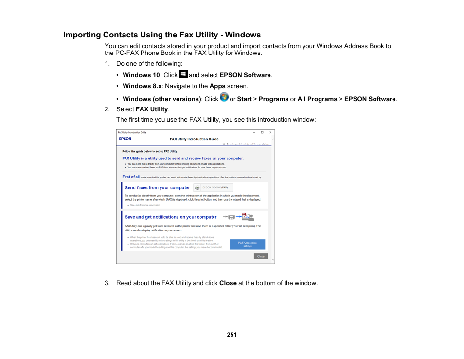 Importing contacts using the fax utility - windows | Epson WorkForce Pro WF-M5799 Workgroup Monochrome Multifunction Printer with Replaceable Ink Pack System User Manual | Page 251 / 404