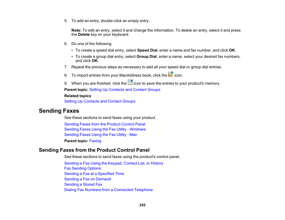 Sending faxes, Sending faxes from the product control panel | Epson WorkForce Pro WF-M5799 Workgroup Monochrome Multifunction Printer with Replaceable Ink Pack System User Manual | Page 255 / 404