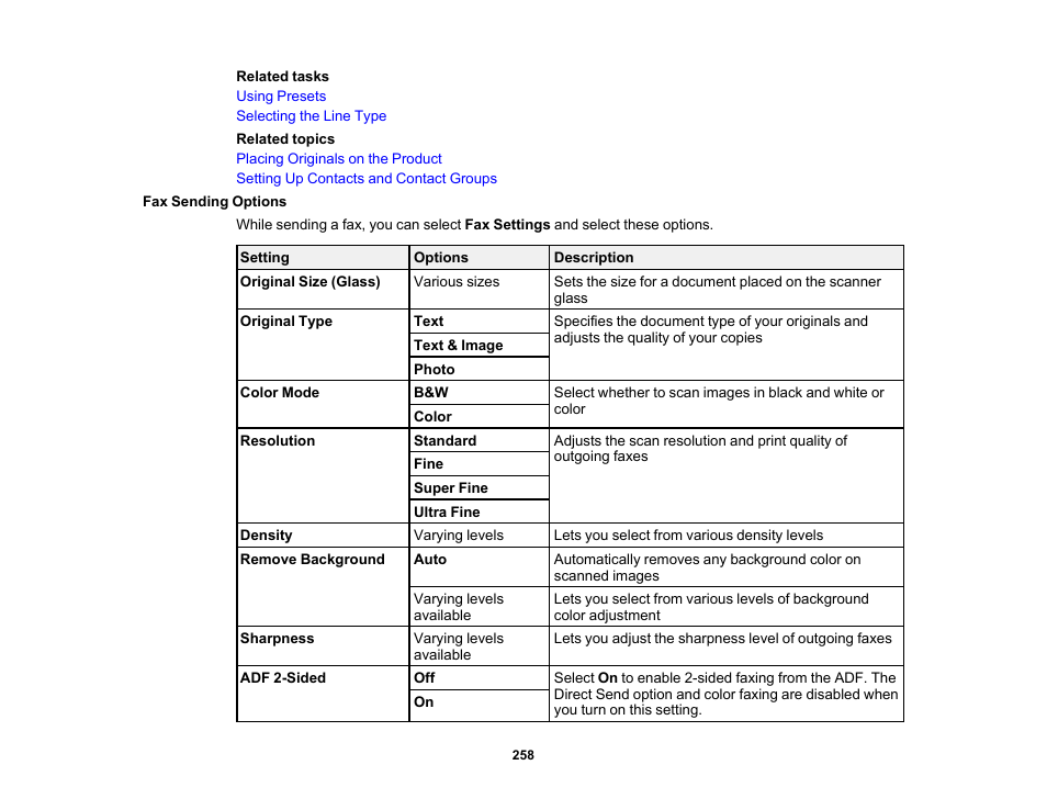 Fax sending options | Epson WorkForce Pro WF-M5799 Workgroup Monochrome Multifunction Printer with Replaceable Ink Pack System User Manual | Page 258 / 404