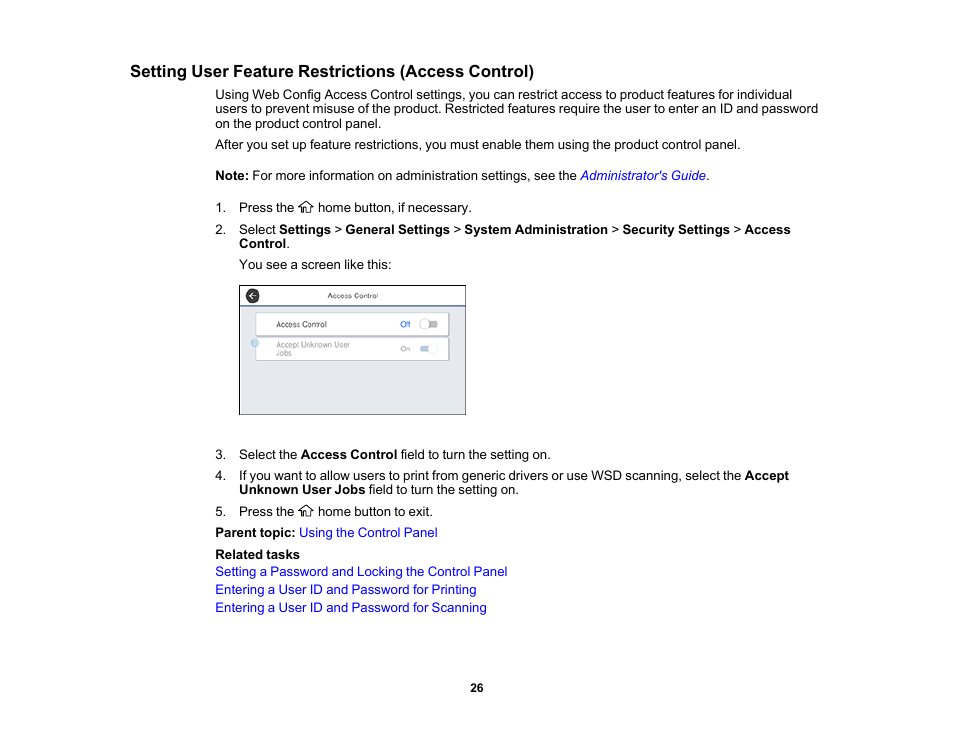 Setting user feature restrictions (access control) | Epson WorkForce Pro WF-M5799 Workgroup Monochrome Multifunction Printer with Replaceable Ink Pack System User Manual | Page 26 / 404
