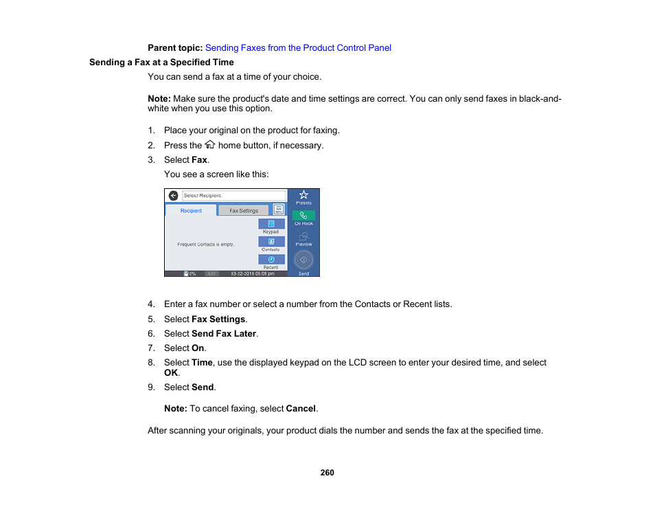 Sending a fax at a specified time | Epson WorkForce Pro WF-M5799 Workgroup Monochrome Multifunction Printer with Replaceable Ink Pack System User Manual | Page 260 / 404