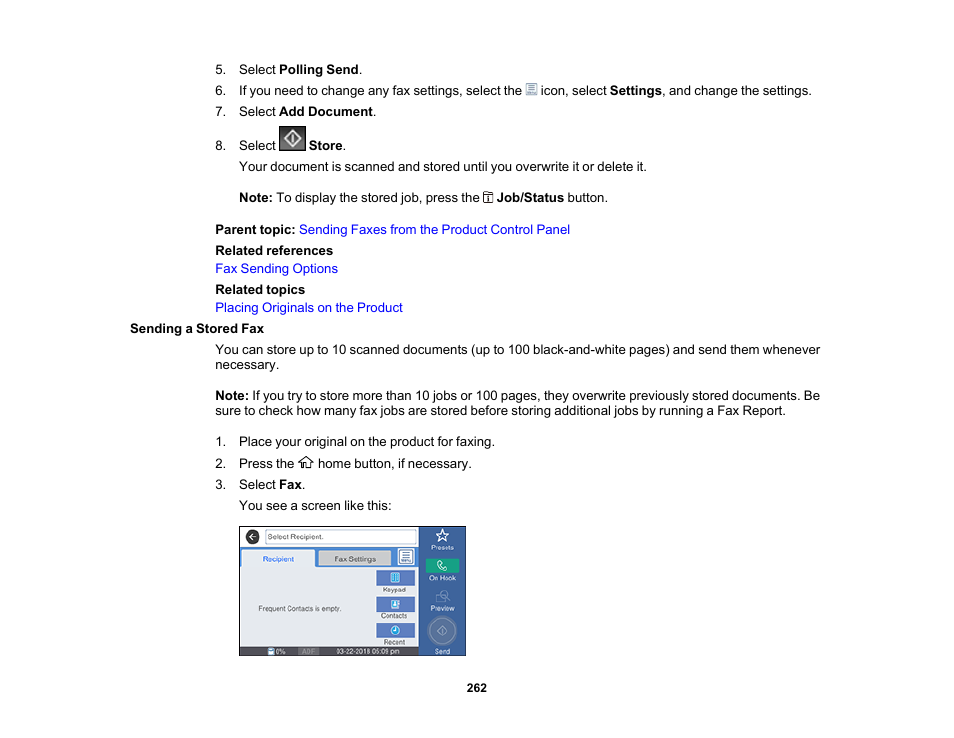 Sending a stored fax | Epson WorkForce Pro WF-M5799 Workgroup Monochrome Multifunction Printer with Replaceable Ink Pack System User Manual | Page 262 / 404