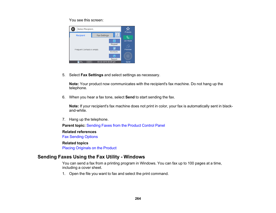 Sending faxes using the fax utility - windows | Epson WorkForce Pro WF-M5799 Workgroup Monochrome Multifunction Printer with Replaceable Ink Pack System User Manual | Page 264 / 404