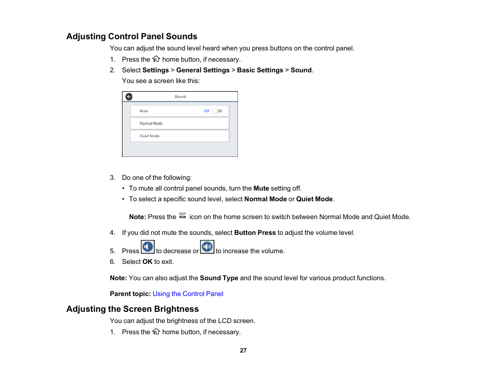 Adjusting control panel sounds, Adjusting the screen brightness | Epson WorkForce Pro WF-M5799 Workgroup Monochrome Multifunction Printer with Replaceable Ink Pack System User Manual | Page 27 / 404