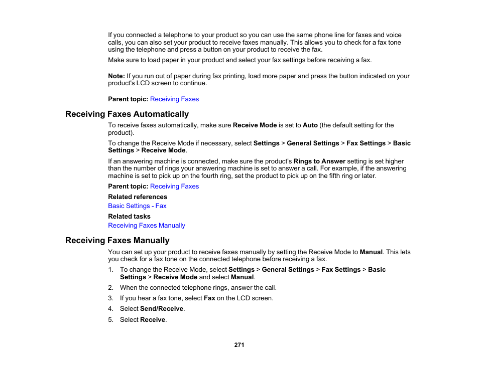 Receiving faxes automatically, Receiving faxes manually | Epson WorkForce Pro WF-M5799 Workgroup Monochrome Multifunction Printer with Replaceable Ink Pack System User Manual | Page 271 / 404