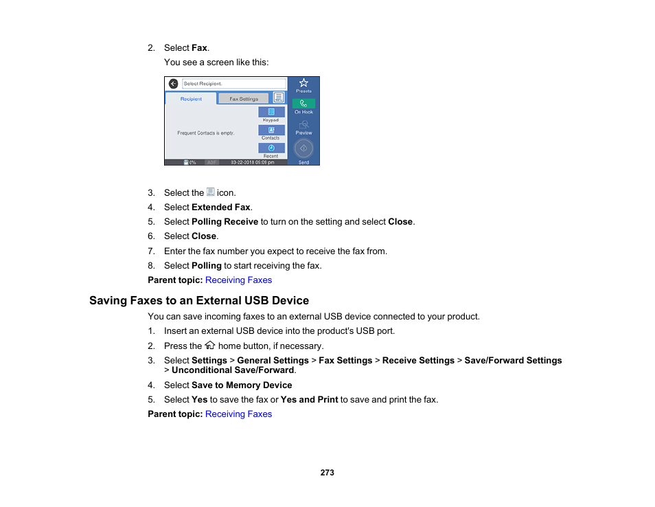 Saving faxes to an external usb device | Epson WorkForce Pro WF-M5799 Workgroup Monochrome Multifunction Printer with Replaceable Ink Pack System User Manual | Page 273 / 404