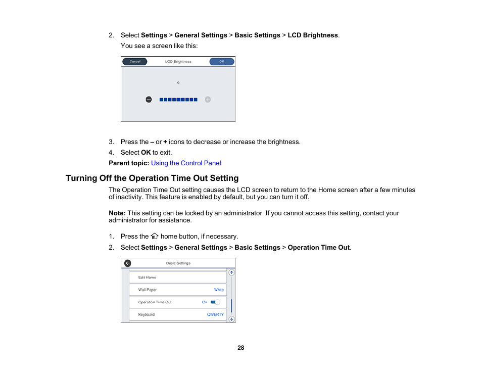 Turning off the operation time out setting | Epson WorkForce Pro WF-M5799 Workgroup Monochrome Multifunction Printer with Replaceable Ink Pack System User Manual | Page 28 / 404