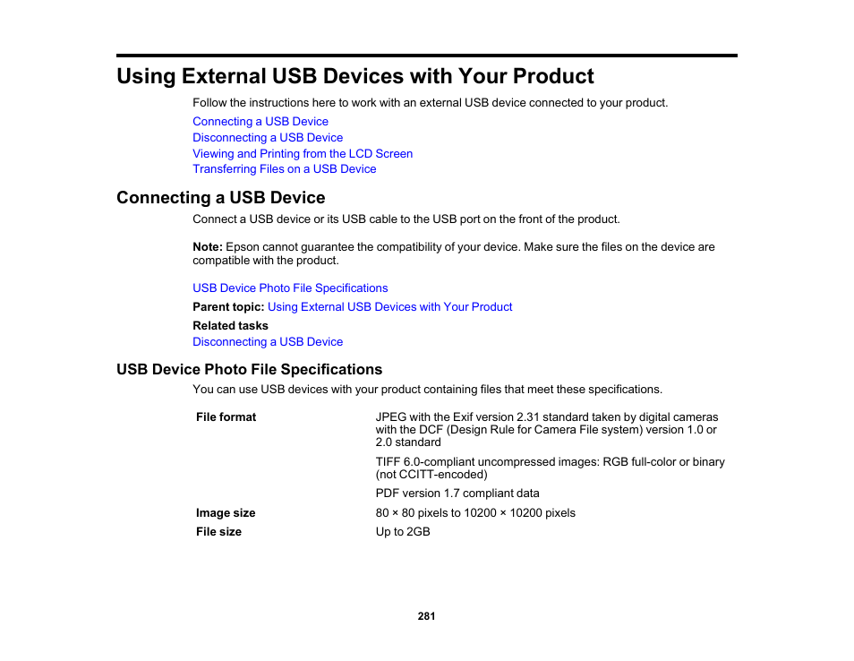 Using external usb devices with your product, Connecting a usb device, Usb device photo file specifications | Epson WorkForce Pro WF-M5799 Workgroup Monochrome Multifunction Printer with Replaceable Ink Pack System User Manual | Page 281 / 404