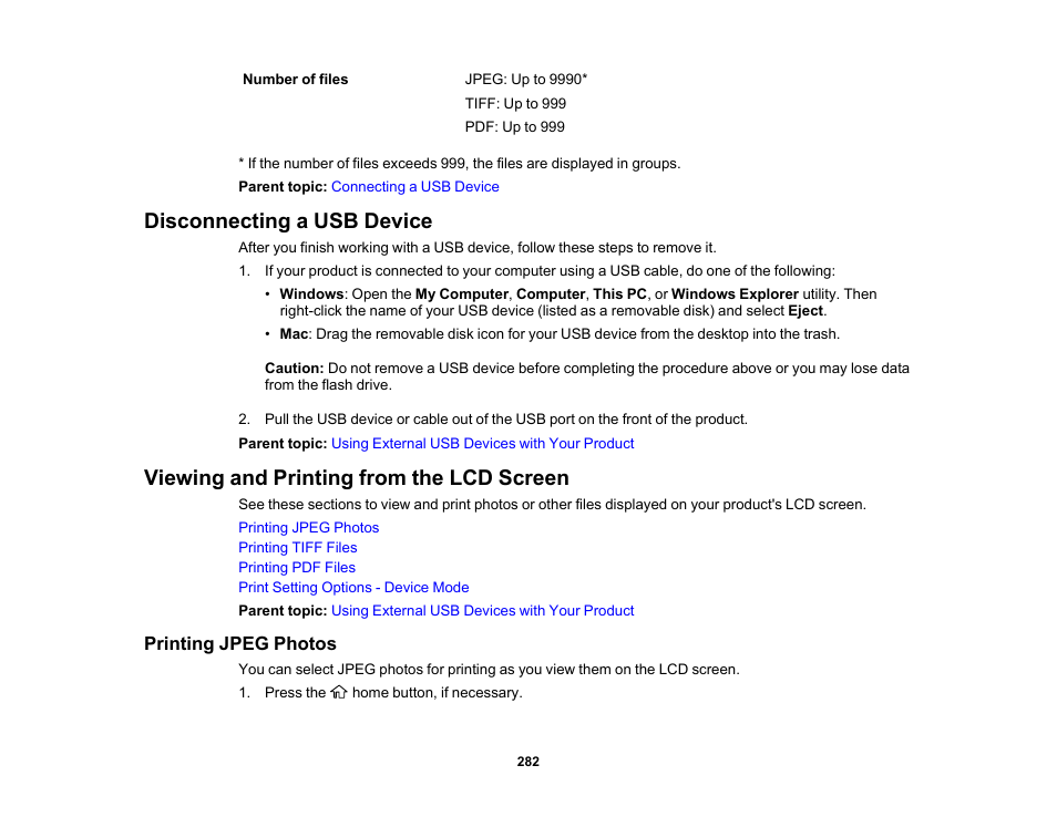 Disconnecting a usb device, Viewing and printing from the lcd screen, Printing jpeg photos | Epson WorkForce Pro WF-M5799 Workgroup Monochrome Multifunction Printer with Replaceable Ink Pack System User Manual | Page 282 / 404