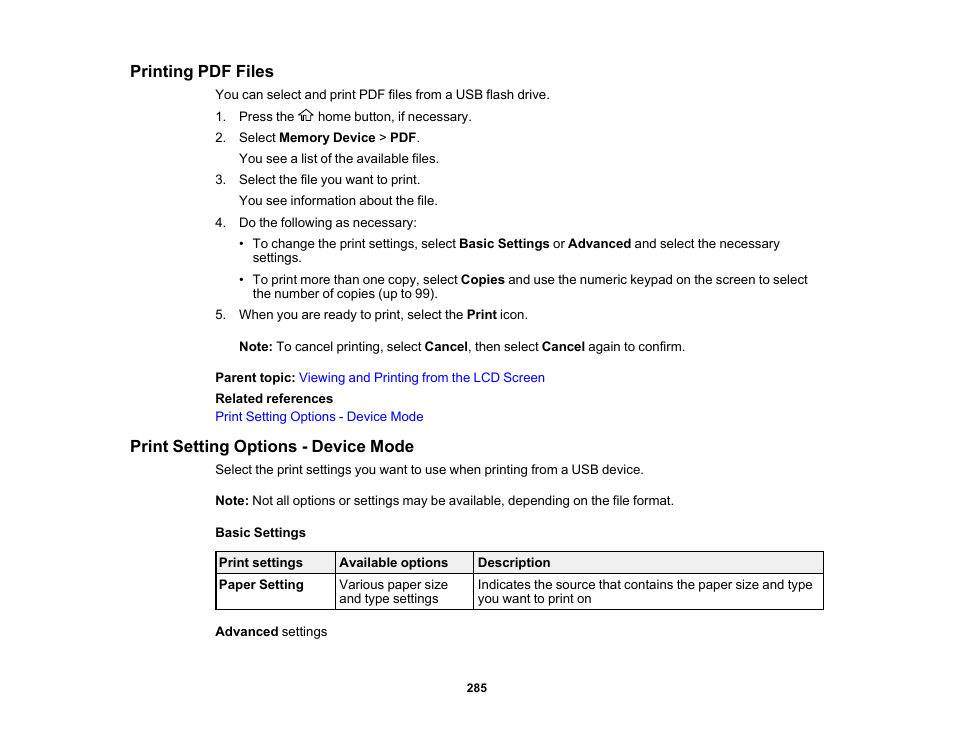 Printing pdf files, Print setting options - device mode | Epson WorkForce Pro WF-M5799 Workgroup Monochrome Multifunction Printer with Replaceable Ink Pack System User Manual | Page 285 / 404