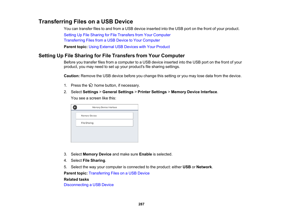 Transferring files on a usb device | Epson WorkForce Pro WF-M5799 Workgroup Monochrome Multifunction Printer with Replaceable Ink Pack System User Manual | Page 287 / 404