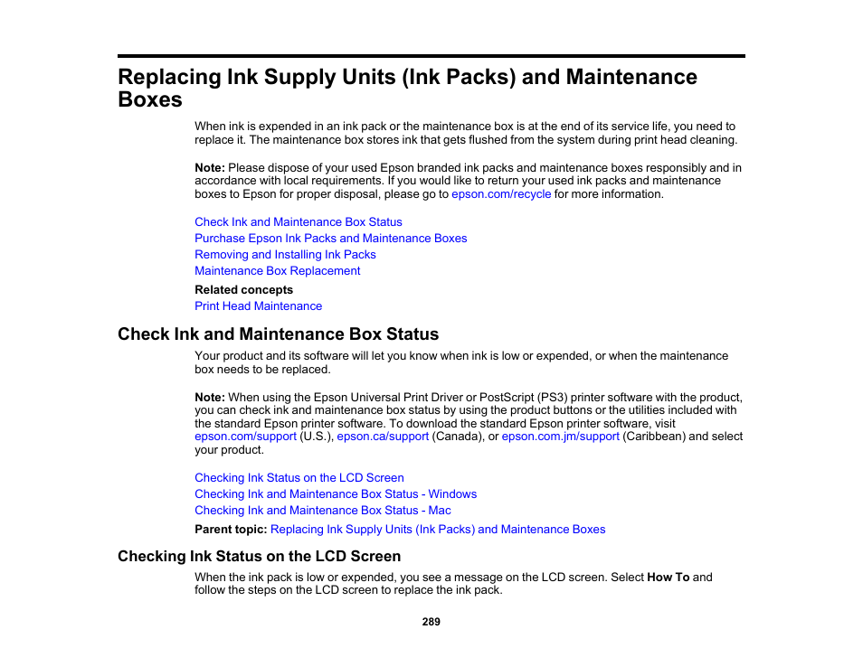 Check ink and maintenance box status, Checking ink status on the lcd screen | Epson WorkForce Pro WF-M5799 Workgroup Monochrome Multifunction Printer with Replaceable Ink Pack System User Manual | Page 289 / 404