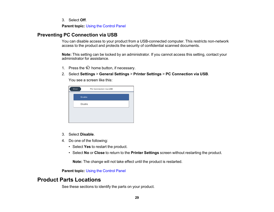 Preventing pc connection via usb, Product parts locations | Epson WorkForce Pro WF-M5799 Workgroup Monochrome Multifunction Printer with Replaceable Ink Pack System User Manual | Page 29 / 404