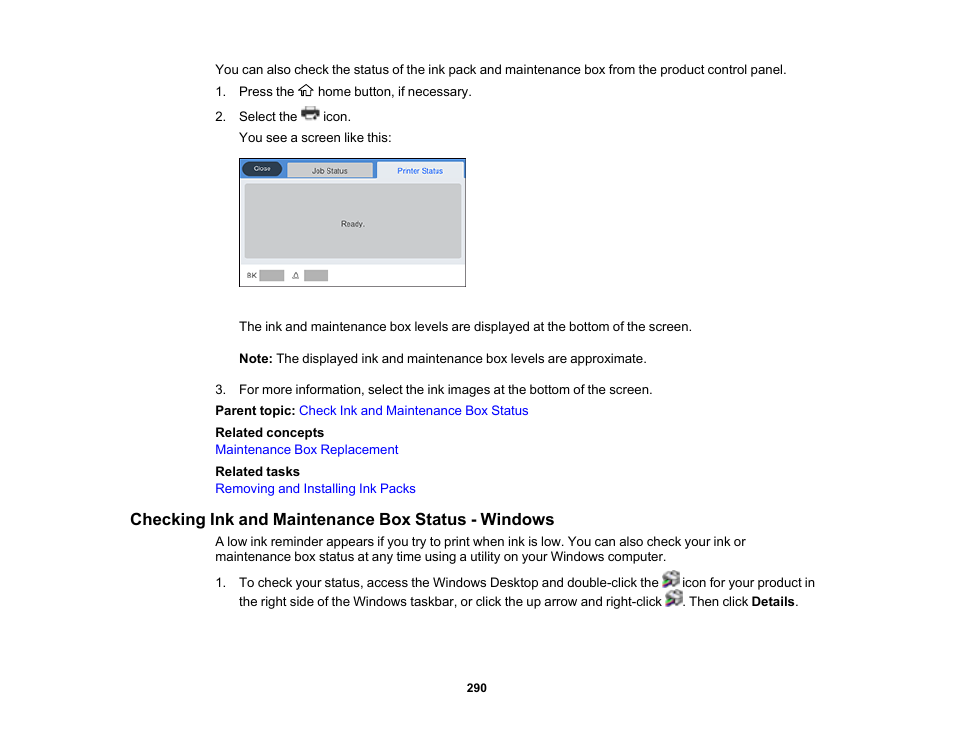 Checking ink and maintenance box status - windows | Epson WorkForce Pro WF-M5799 Workgroup Monochrome Multifunction Printer with Replaceable Ink Pack System User Manual | Page 290 / 404