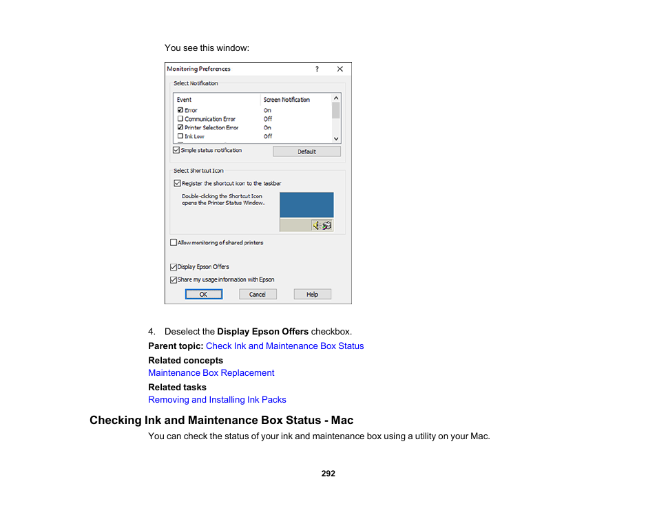 Checking ink and maintenance box status - mac | Epson WorkForce Pro WF-M5799 Workgroup Monochrome Multifunction Printer with Replaceable Ink Pack System User Manual | Page 292 / 404