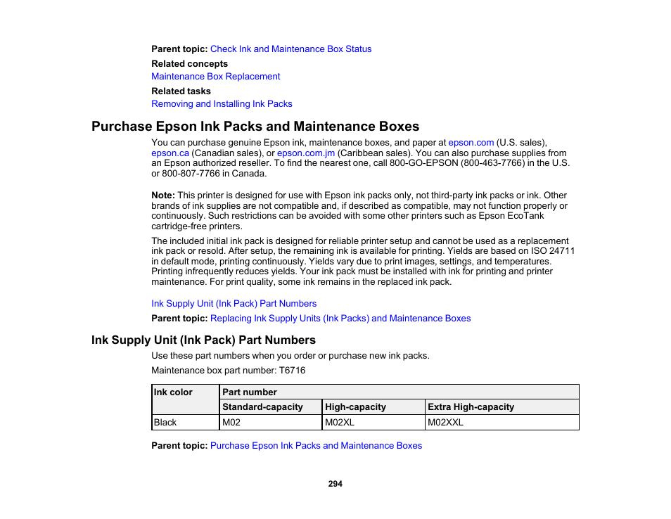 Purchase epson ink packs and maintenance boxes, Ink supply unit (ink pack) part numbers | Epson WorkForce Pro WF-M5799 Workgroup Monochrome Multifunction Printer with Replaceable Ink Pack System User Manual | Page 294 / 404