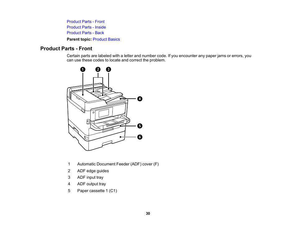 Product parts - front | Epson WorkForce Pro WF-M5799 Workgroup Monochrome Multifunction Printer with Replaceable Ink Pack System User Manual | Page 30 / 404