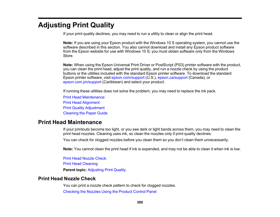 Adjusting print quality, Print head maintenance, Print head nozzle check | Epson WorkForce Pro WF-M5799 Workgroup Monochrome Multifunction Printer with Replaceable Ink Pack System User Manual | Page 300 / 404
