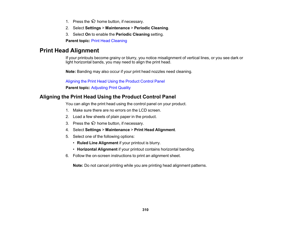 Print head alignment | Epson WorkForce Pro WF-M5799 Workgroup Monochrome Multifunction Printer with Replaceable Ink Pack System User Manual | Page 310 / 404