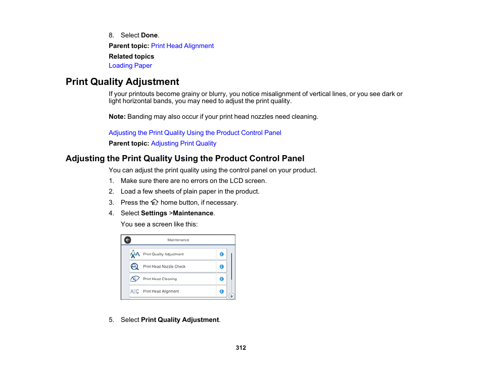 Print quality adjustment | Epson WorkForce Pro WF-M5799 Workgroup Monochrome Multifunction Printer with Replaceable Ink Pack System User Manual | Page 312 / 404