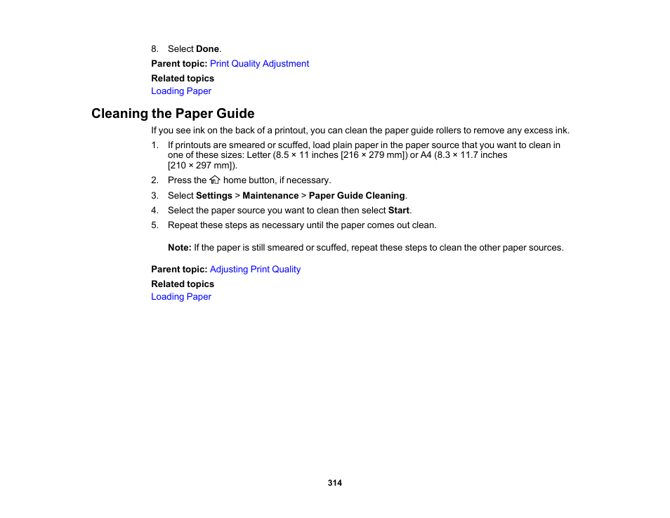 Cleaning the paper guide | Epson WorkForce Pro WF-M5799 Workgroup Monochrome Multifunction Printer with Replaceable Ink Pack System User Manual | Page 314 / 404