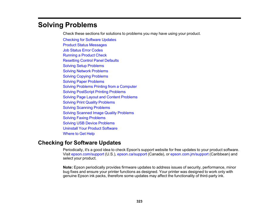 Solving problems, Checking for software updates | Epson WorkForce Pro WF-M5799 Workgroup Monochrome Multifunction Printer with Replaceable Ink Pack System User Manual | Page 323 / 404