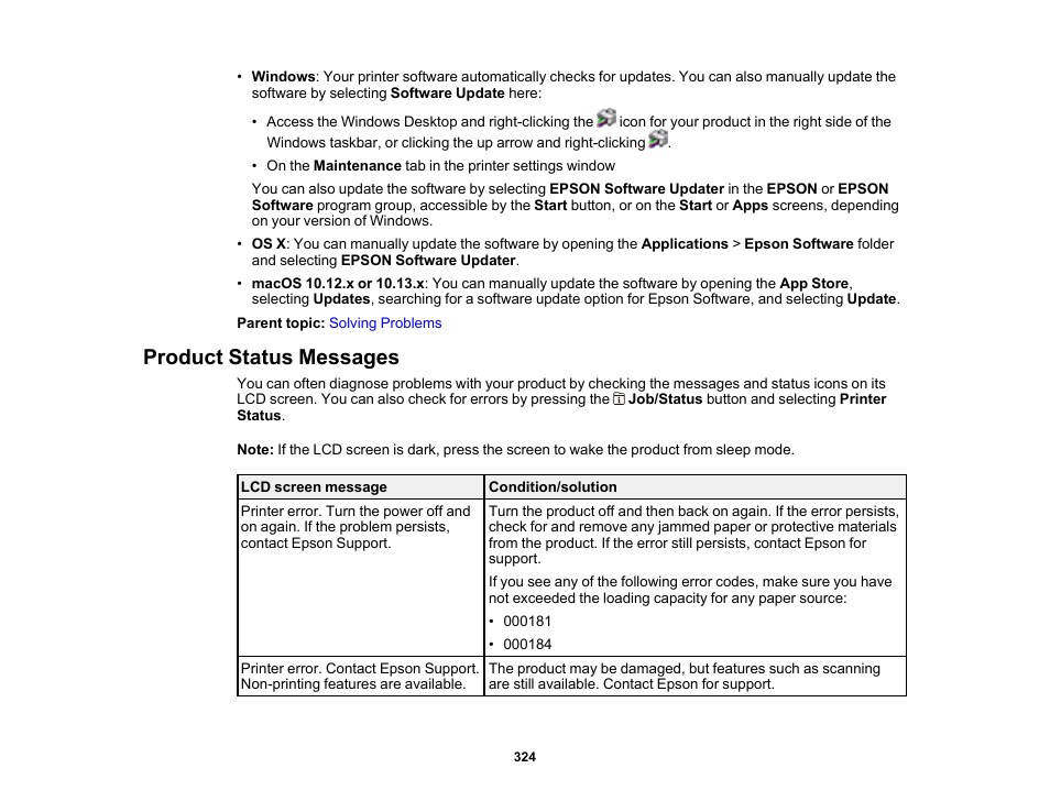 Product status messages | Epson WorkForce Pro WF-M5799 Workgroup Monochrome Multifunction Printer with Replaceable Ink Pack System User Manual | Page 324 / 404