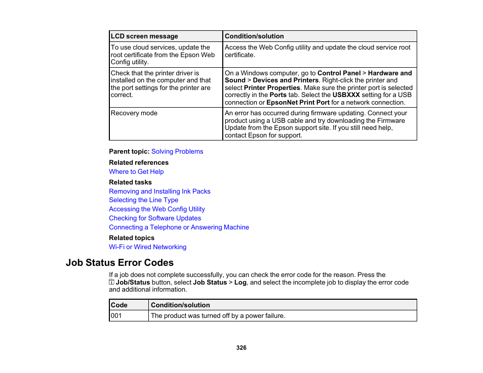 Job status error codes | Epson WorkForce Pro WF-M5799 Workgroup Monochrome Multifunction Printer with Replaceable Ink Pack System User Manual | Page 326 / 404