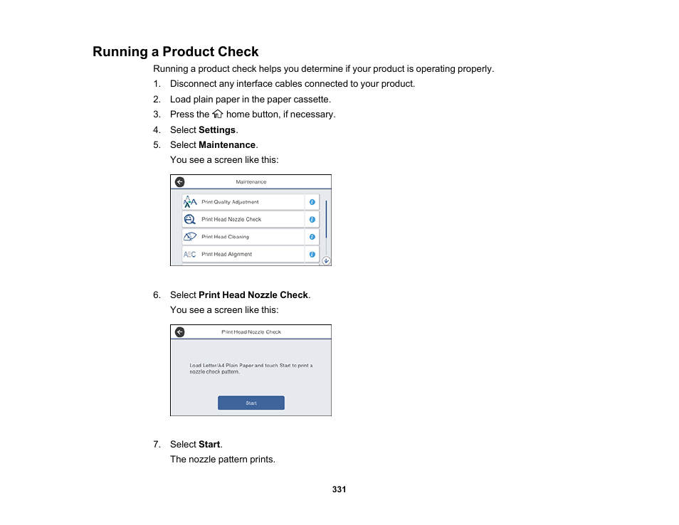 Running a product check | Epson WorkForce Pro WF-M5799 Workgroup Monochrome Multifunction Printer with Replaceable Ink Pack System User Manual | Page 331 / 404