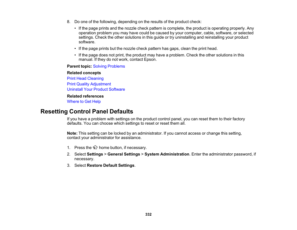 Resetting control panel defaults | Epson WorkForce Pro WF-M5799 Workgroup Monochrome Multifunction Printer with Replaceable Ink Pack System User Manual | Page 332 / 404