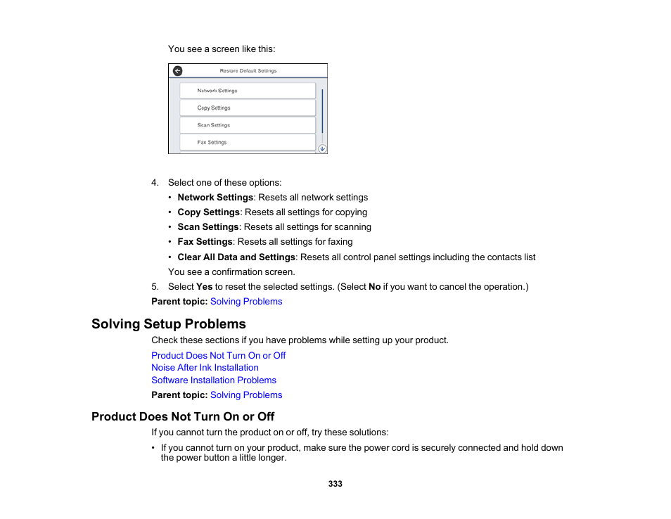 Solving setup problems, Product does not turn on or off | Epson WorkForce Pro WF-M5799 Workgroup Monochrome Multifunction Printer with Replaceable Ink Pack System User Manual | Page 333 / 404