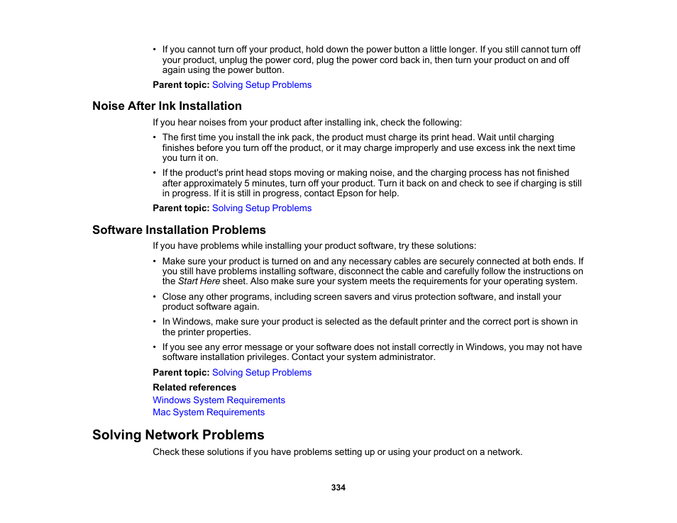 Noise after ink installation, Software installation problems, Solving network problems | Epson WorkForce Pro WF-M5799 Workgroup Monochrome Multifunction Printer with Replaceable Ink Pack System User Manual | Page 334 / 404